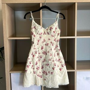 WeWoreWhat Cream Mini Dress with Pink Floral Lace Trim